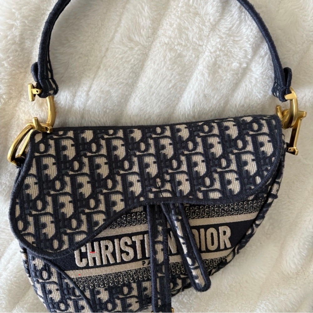 Dior Navy & Cream Oblique Mini Saddle Bag with Gold Hardware